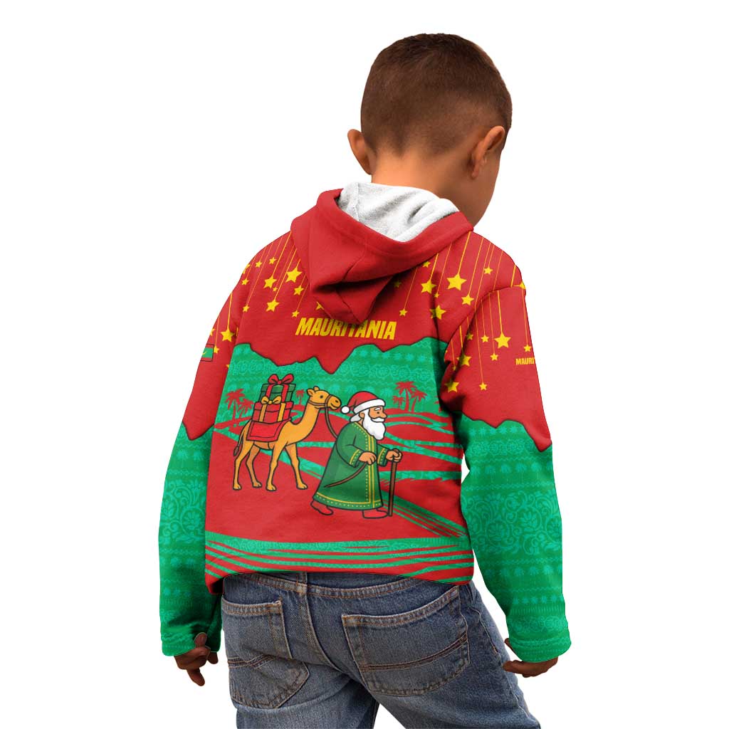Mauritania Christmas Kid Hoodie with Santa Claus Camel Gift Boxes Starry Sky and Desert Pattern Design - Wonder Print Shop