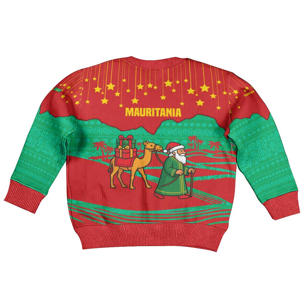 Mauritania Christmas Kid Ugly Christmas Sweater with Santa Claus Camel Gift Boxes Starry Sky and Desert Pattern Design - Wonder Print Shop