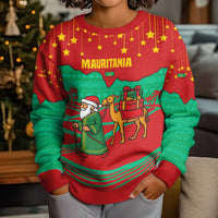 Mauritania Christmas Kid Ugly Christmas Sweater with Santa Claus Camel Gift Boxes Starry Sky and Desert Pattern Design - Wonder Print Shop