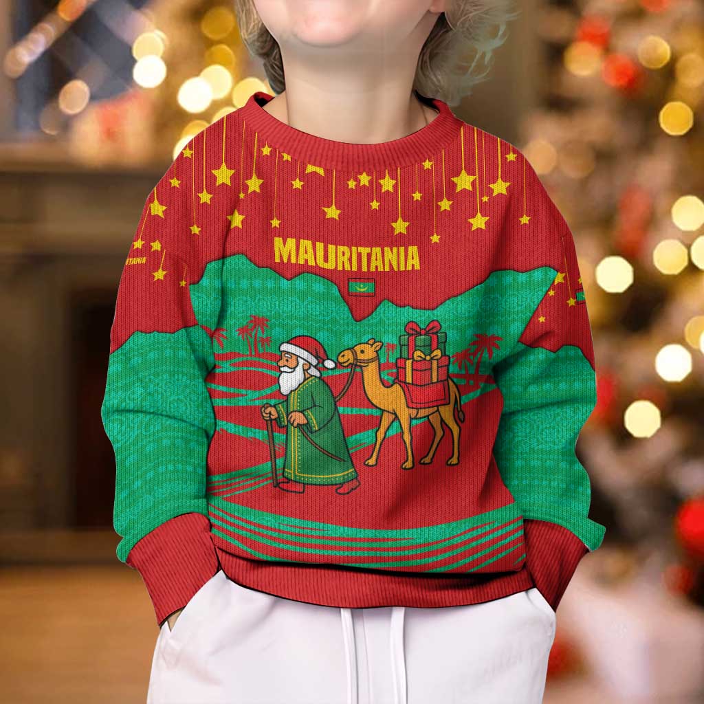 Mauritania Christmas Kid Ugly Christmas Sweater with Santa Claus Camel Gift Boxes Starry Sky and Desert Pattern Design - Wonder Print Shop