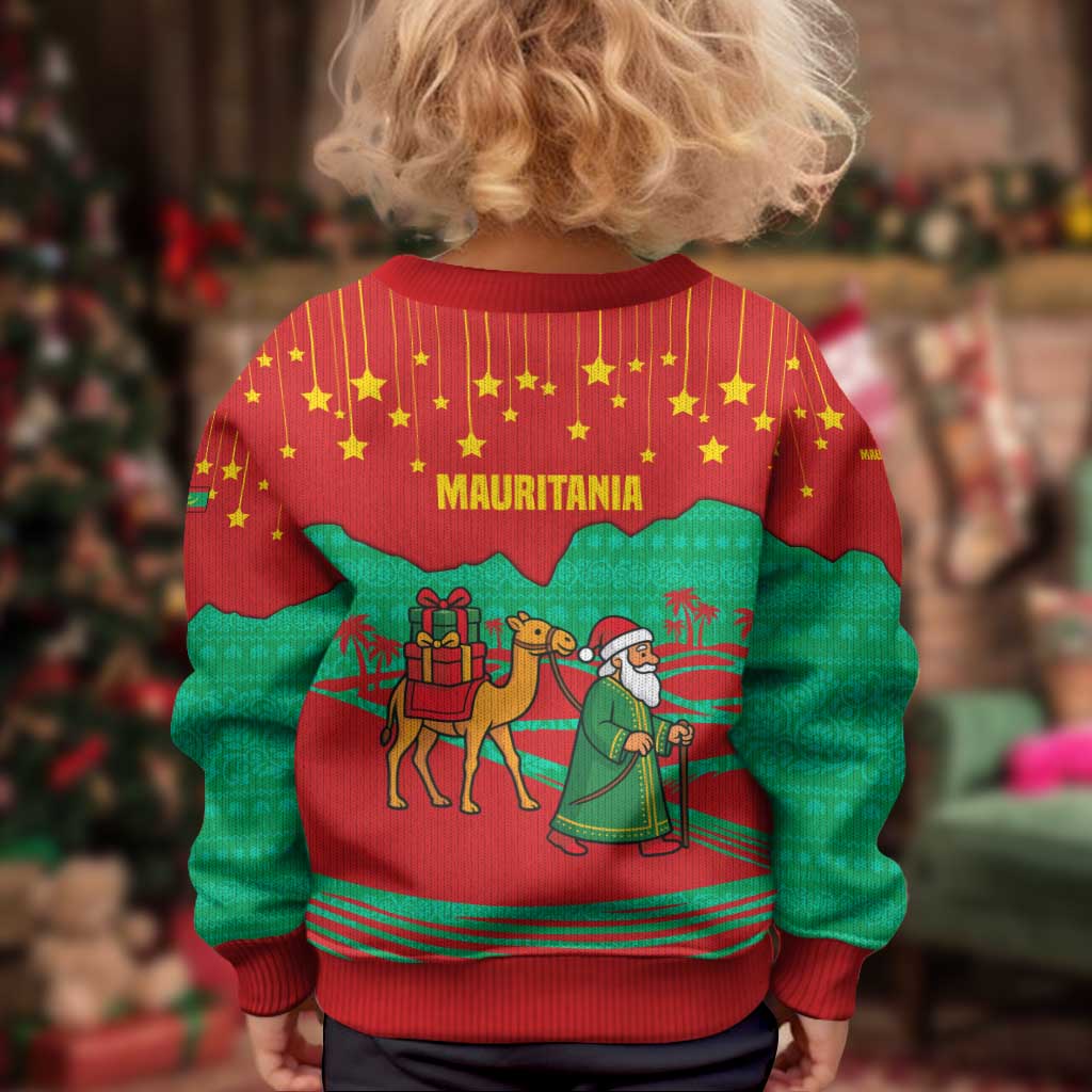 Mauritania Christmas Kid Ugly Christmas Sweater with Santa Claus Camel Gift Boxes Starry Sky and Desert Pattern Design - Wonder Print Shop