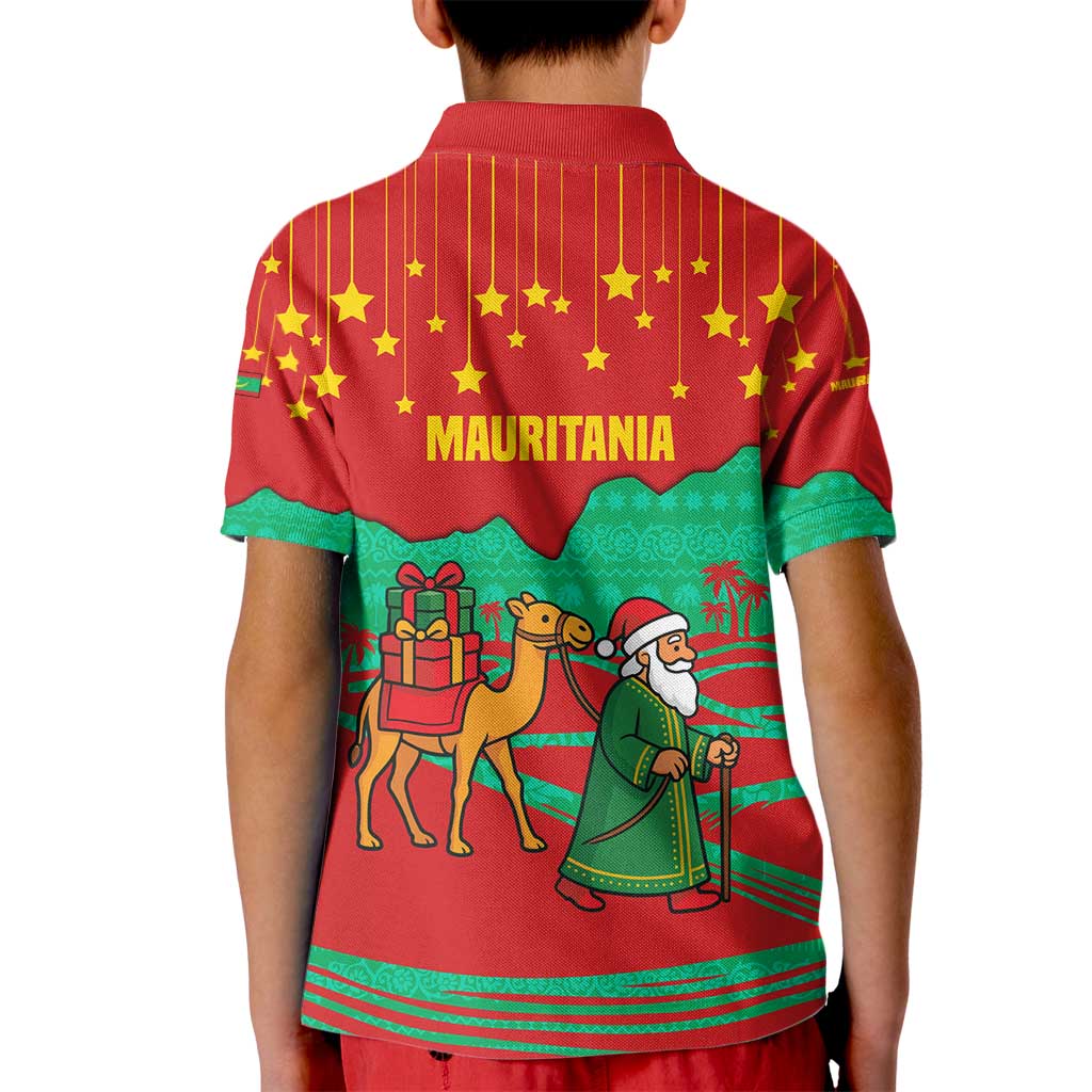 Mauritania Christmas Kid Polo Shirt with Santa Claus Camel Gift Boxes Starry Sky and Desert Pattern Design - Wonder Print Shop