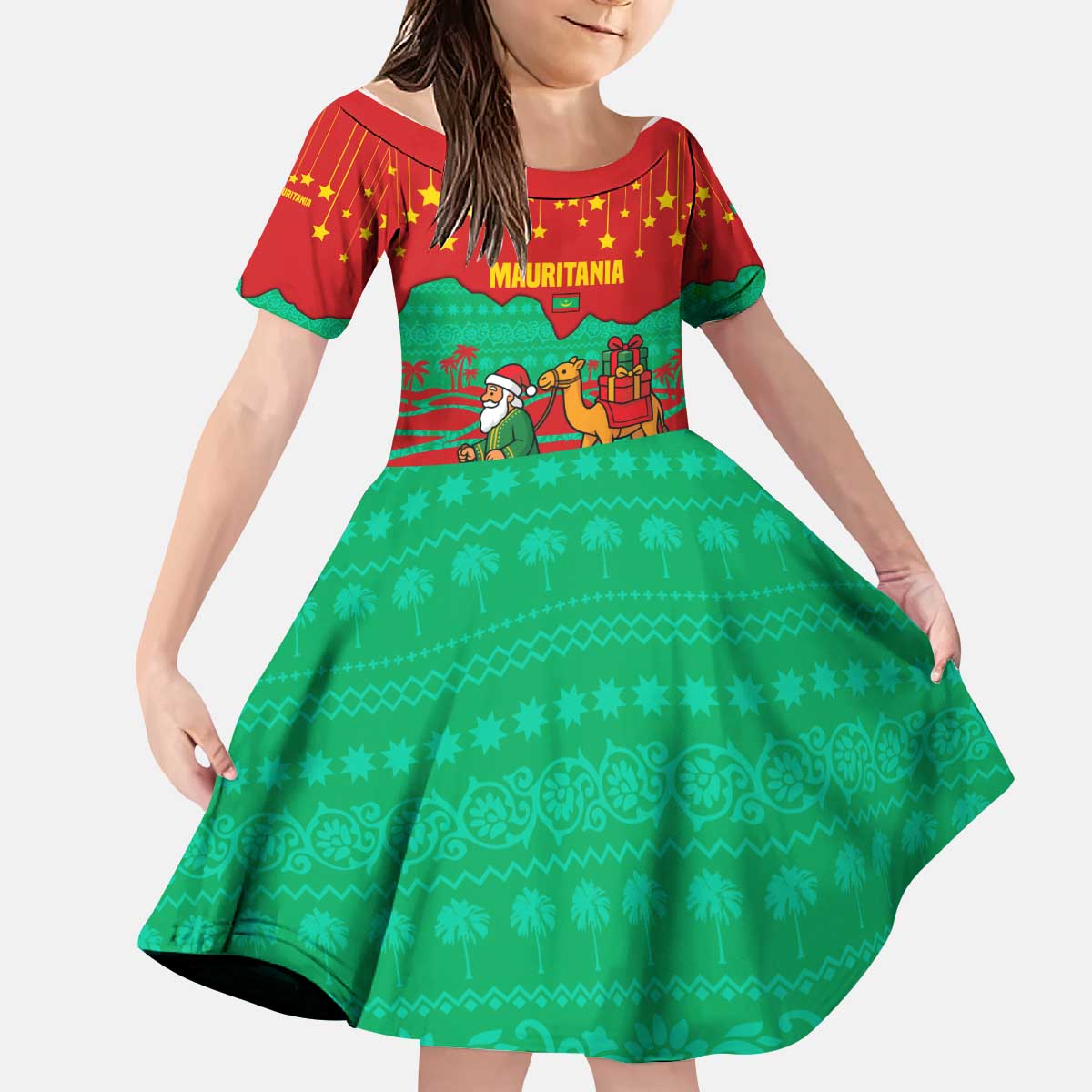 Mauritania Christmas Kid Short Sleeve Dress with Santa Claus Camel Gift Boxes Starry Sky and Desert Pattern Design - Wonder Print Shop