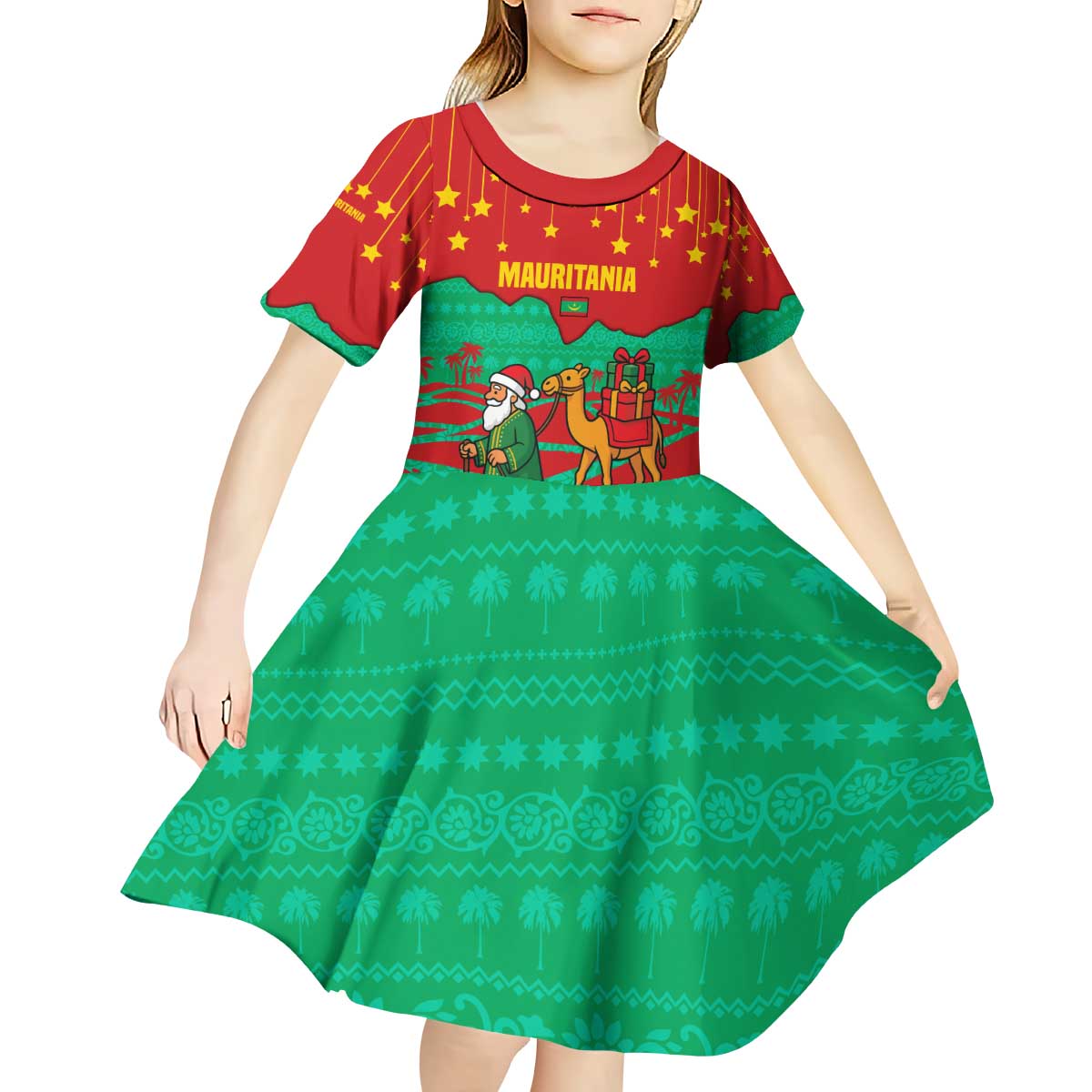 Mauritania Christmas Kid Short Sleeve Dress with Santa Claus Camel Gift Boxes Starry Sky and Desert Pattern Design - Wonder Print Shop