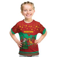 Mauritania Christmas Kid T Shirt with Santa Claus Camel Gift Boxes Starry Sky and Desert Pattern Design - Wonder Print Shop