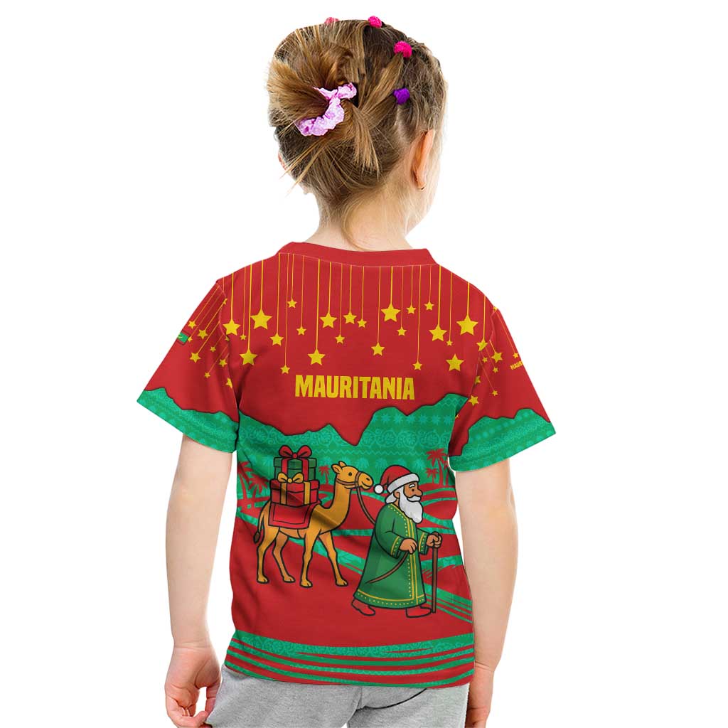 Mauritania Christmas Kid T Shirt with Santa Claus Camel Gift Boxes Starry Sky and Desert Pattern Design - Wonder Print Shop
