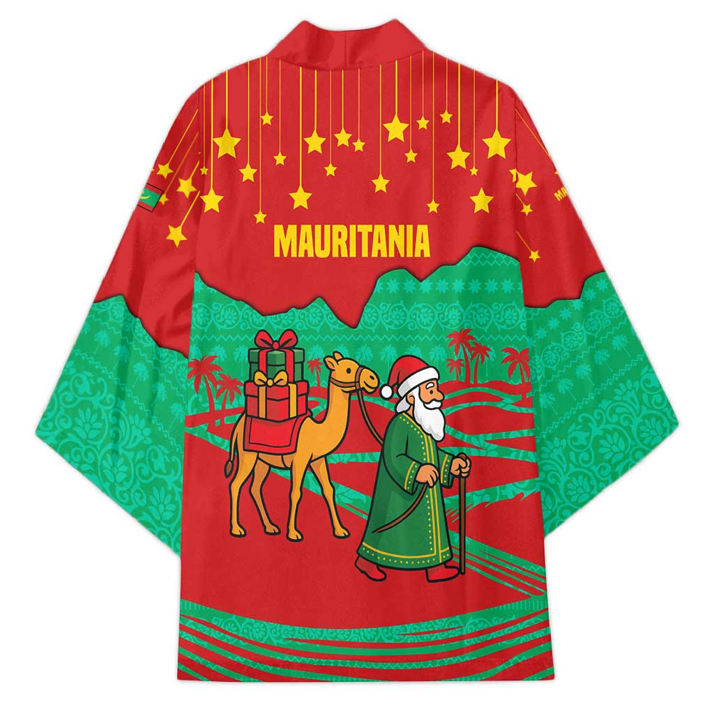 Mauritania Christmas Kimono with Santa Claus Camel Gift Boxes Starry Sky and Desert Pattern Design - Wonder Print Shop