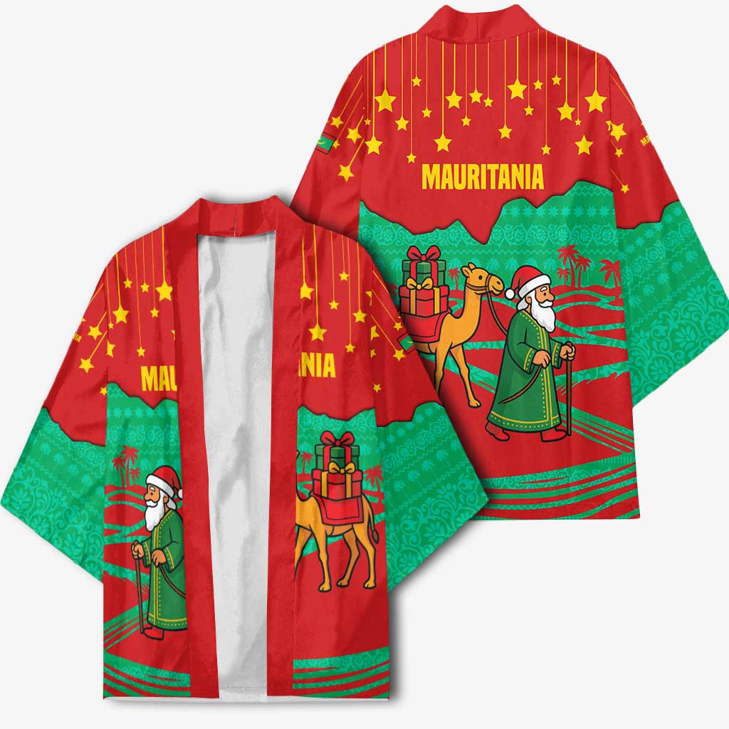 Mauritania Christmas Kimono with Santa Claus Camel Gift Boxes Starry Sky and Desert Pattern Design - Wonder Print Shop