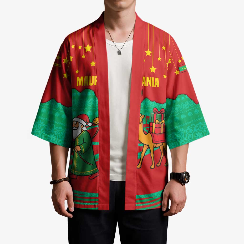 Mauritania Christmas Kimono with Santa Claus Camel Gift Boxes Starry Sky and Desert Pattern Design - Wonder Print Shop