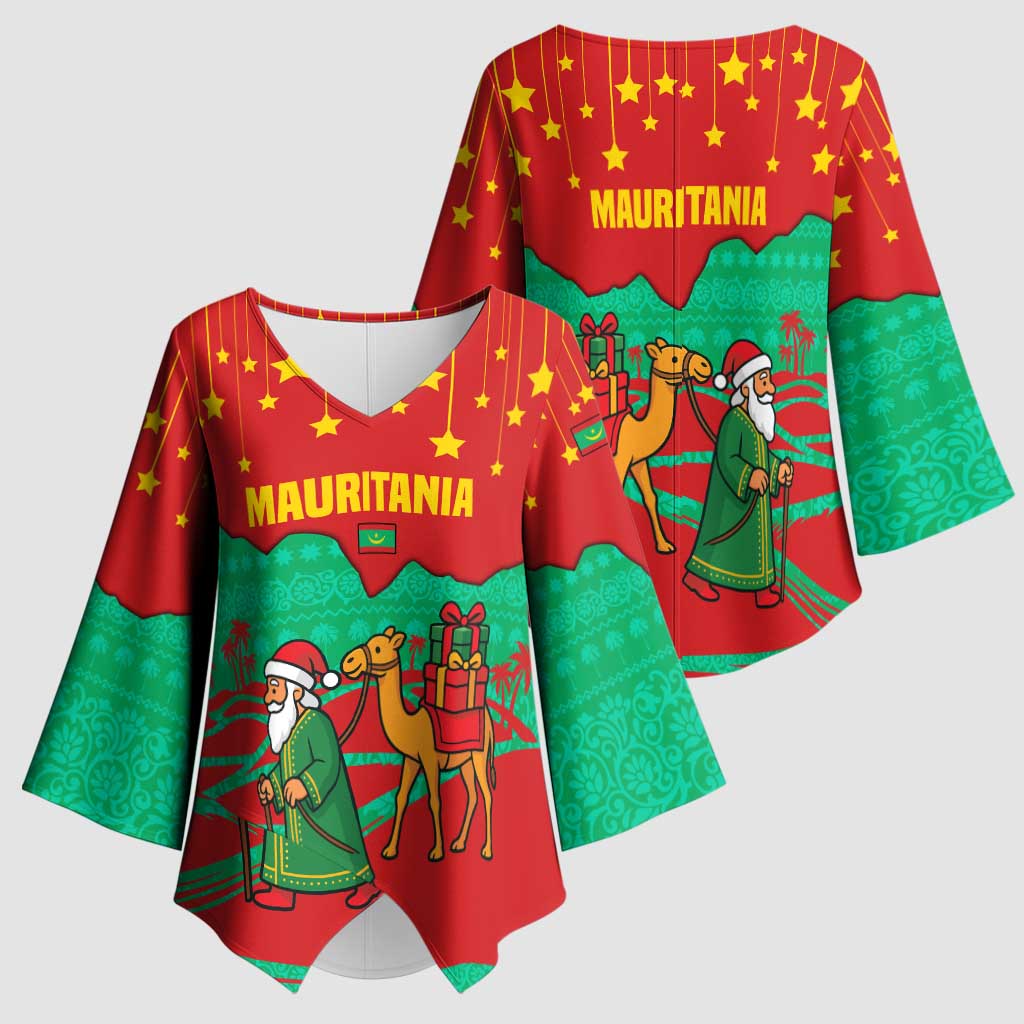 Mauritania Christmas Kimono Sleeve Blouse with Santa Claus Camel Gift Boxes Starry Sky and Desert Pattern Design - Wonder Print Shop
