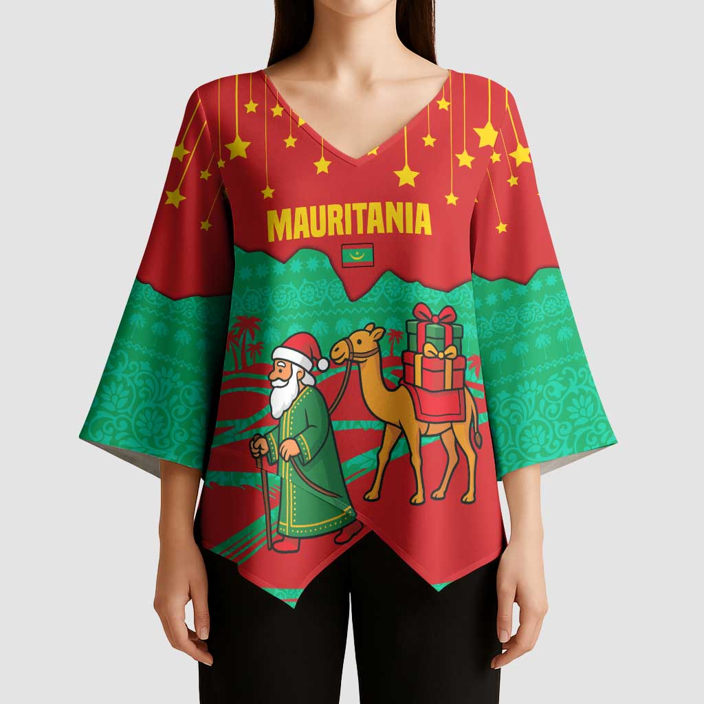 Mauritania Christmas Kimono Sleeve Blouse with Santa Claus Camel Gift Boxes Starry Sky and Desert Pattern Design - Wonder Print Shop