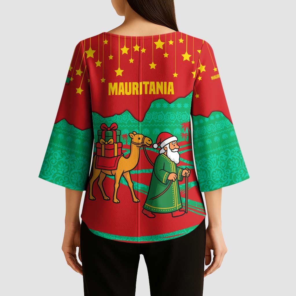 Mauritania Christmas Kimono Sleeve Blouse with Santa Claus Camel Gift Boxes Starry Sky and Desert Pattern Design - Wonder Print Shop
