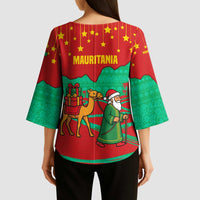 Mauritania Christmas Kimono Sleeve Blouse with Santa Claus Camel Gift Boxes Starry Sky and Desert Pattern Design - Wonder Print Shop