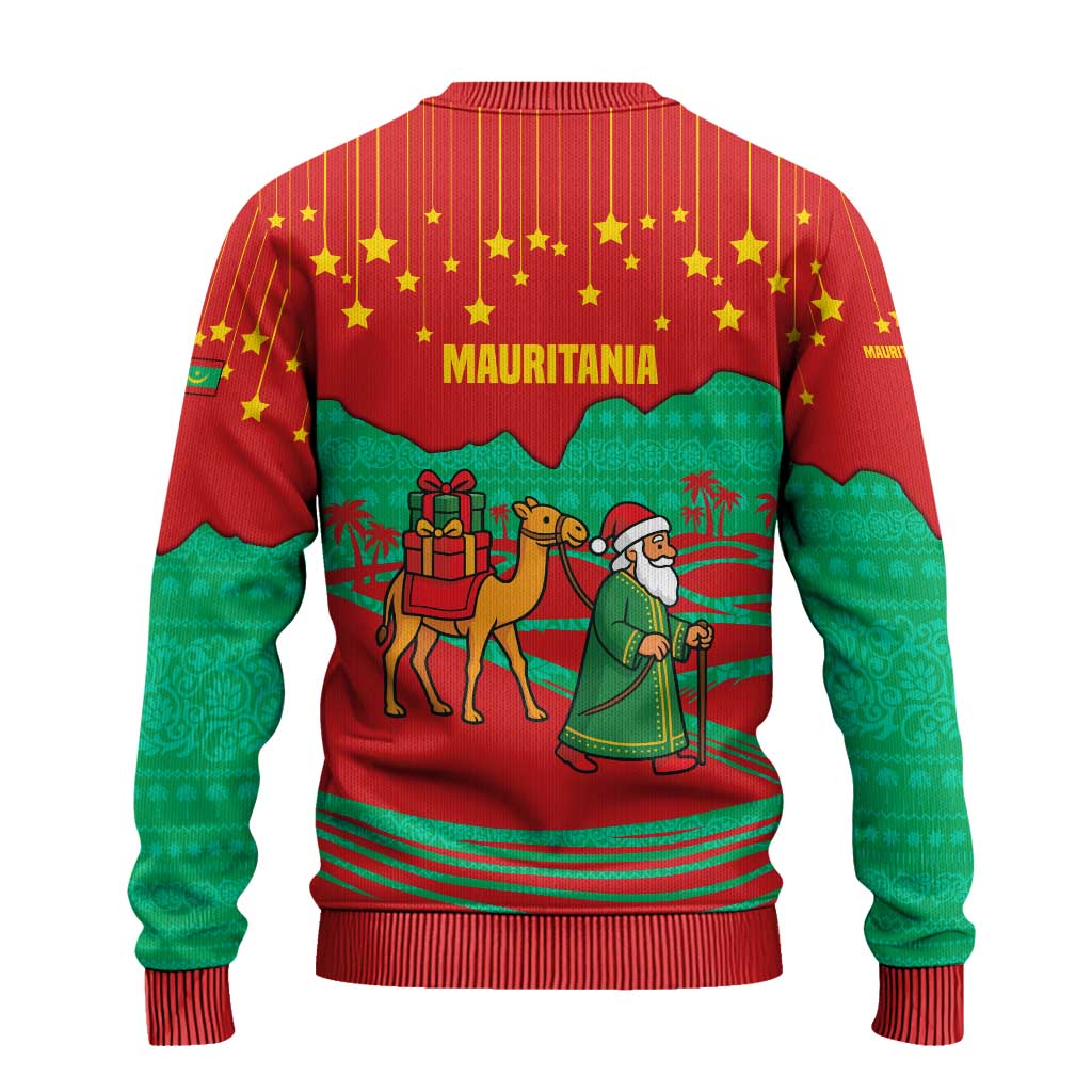 Mauritania Christmas Ugly Christmas Sweater with Santa Claus Camel Gift Boxes Starry Sky and Desert Pattern Design - Wonder Print Shop