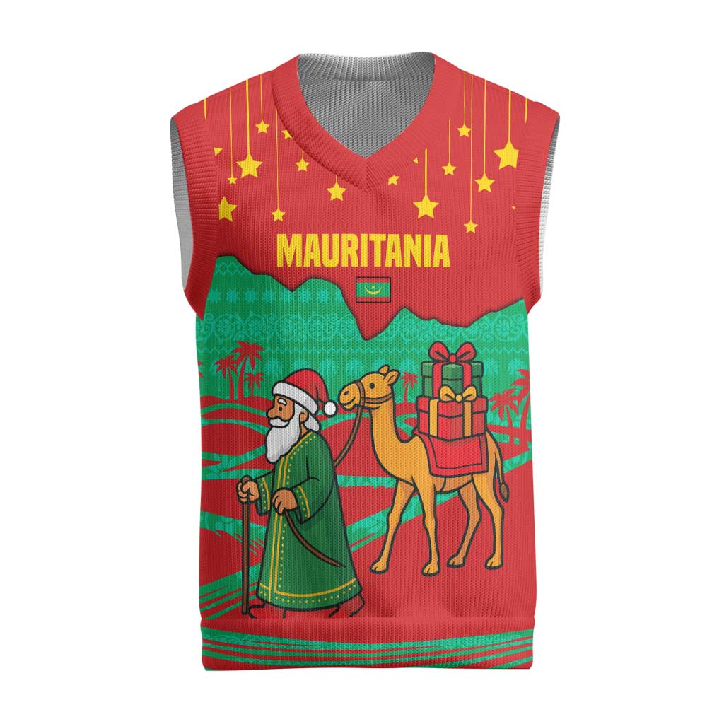 Mauritania Christmas Knitted V-Neck Vest with Santa Claus Camel Gift Boxes Starry Sky and Desert Pattern Design - Wonder Print Shop