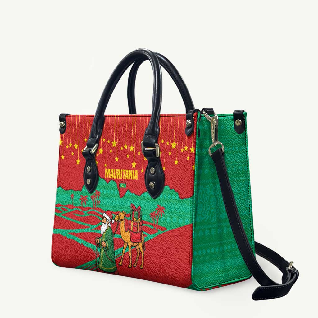 Mauritania Christmas Leather Bag with Santa Claus Camel Gift Boxes Starry Sky and Desert Pattern Design - Wonder Print Shop