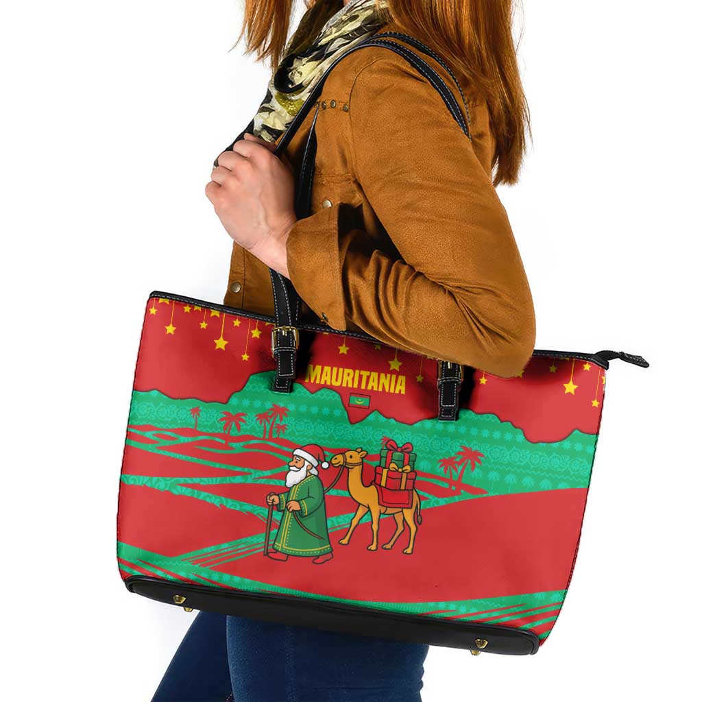 Mauritania Christmas Leather Tote Bag with Santa Claus Camel Gift Boxes Starry Sky and Desert Pattern Design - Wonder Print Shop
