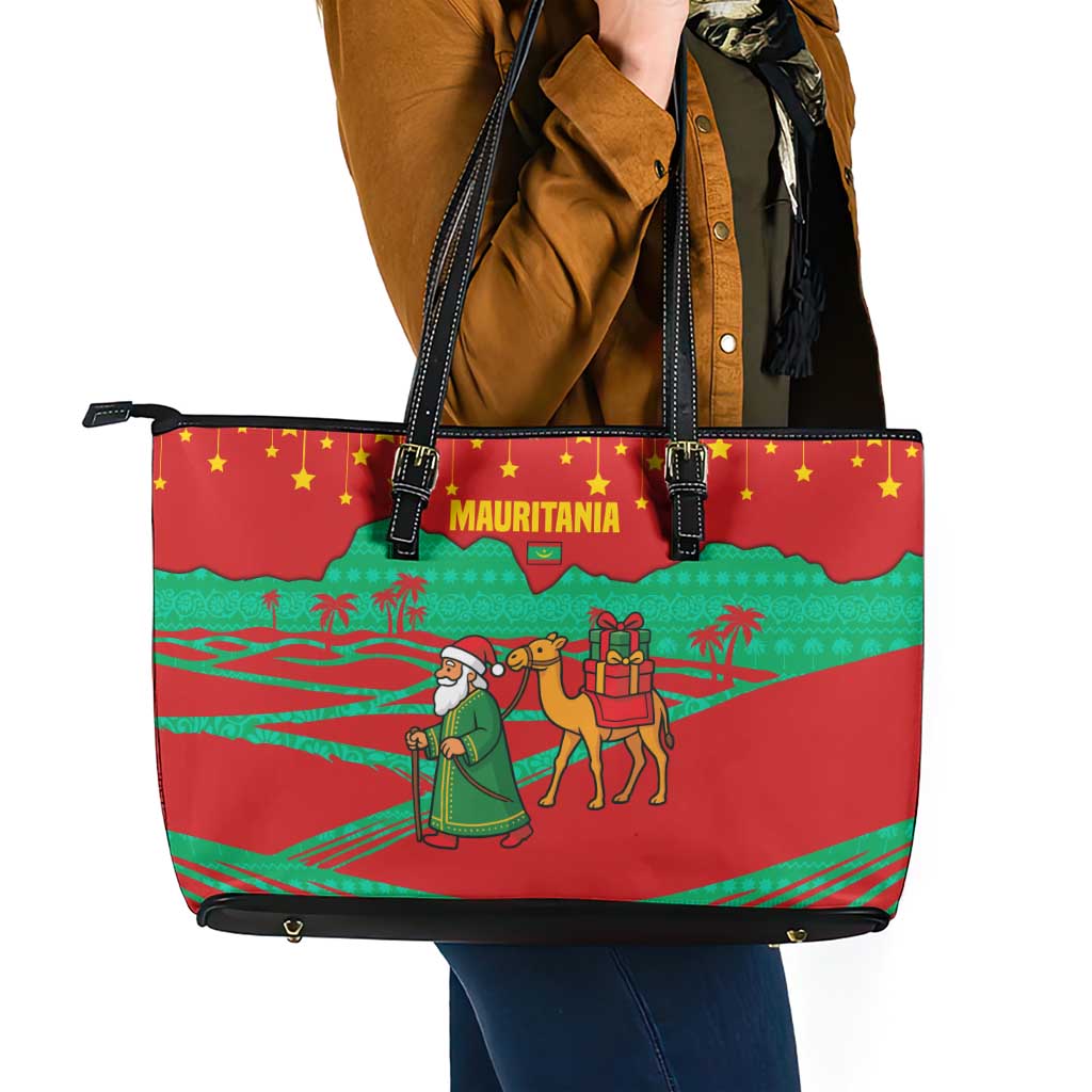 Mauritania Christmas Leather Tote Bag with Santa Claus Camel Gift Boxes Starry Sky and Desert Pattern Design - Wonder Print Shop