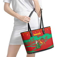 Mauritania Christmas Leather Tote Bag with Santa Claus Camel Gift Boxes Starry Sky and Desert Pattern Design - Wonder Print Shop