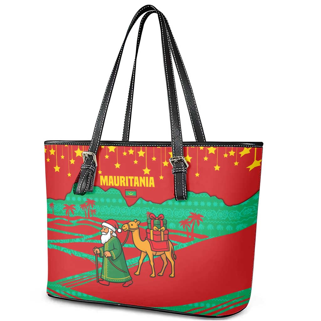 Mauritania Christmas Leather Tote Bag with Santa Claus Camel Gift Boxes Starry Sky and Desert Pattern Design - Wonder Print Shop