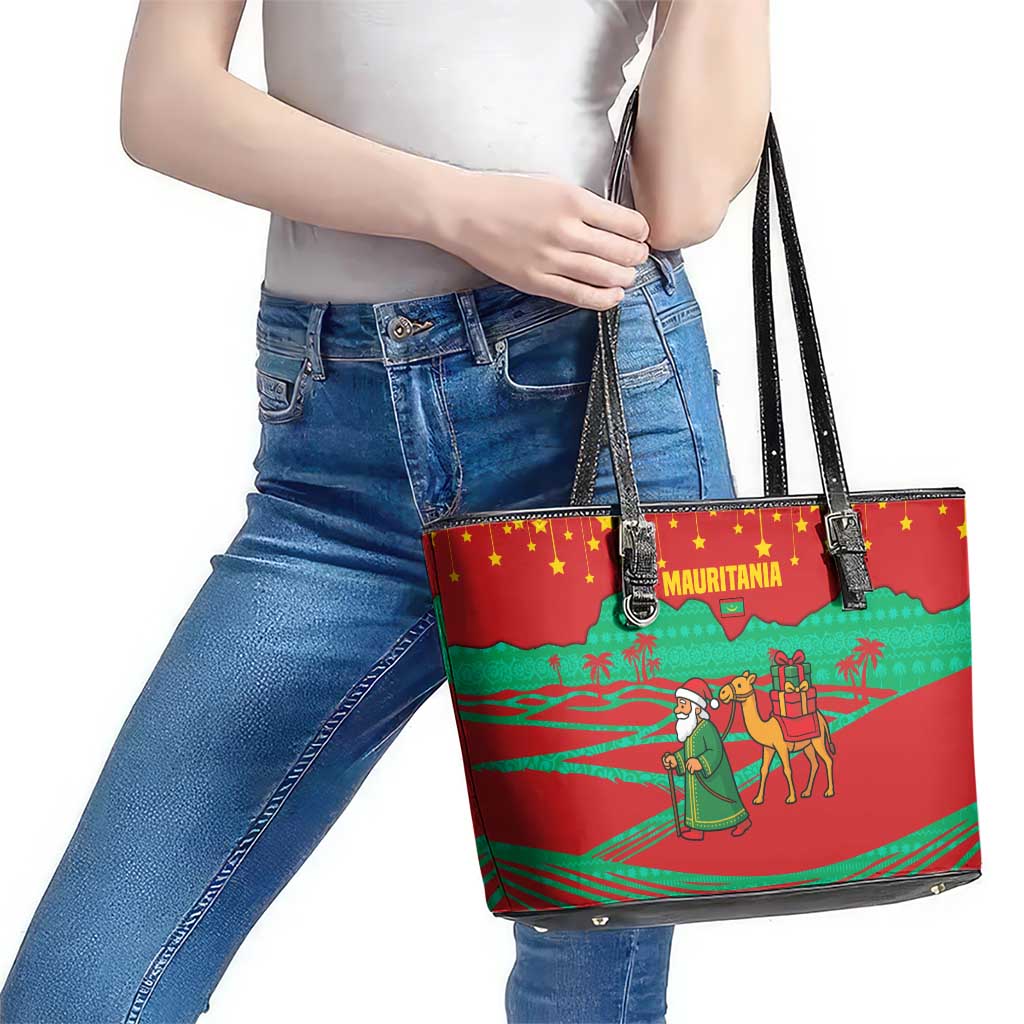 Mauritania Christmas Leather Tote Bag with Santa Claus Camel Gift Boxes Starry Sky and Desert Pattern Design - Wonder Print Shop