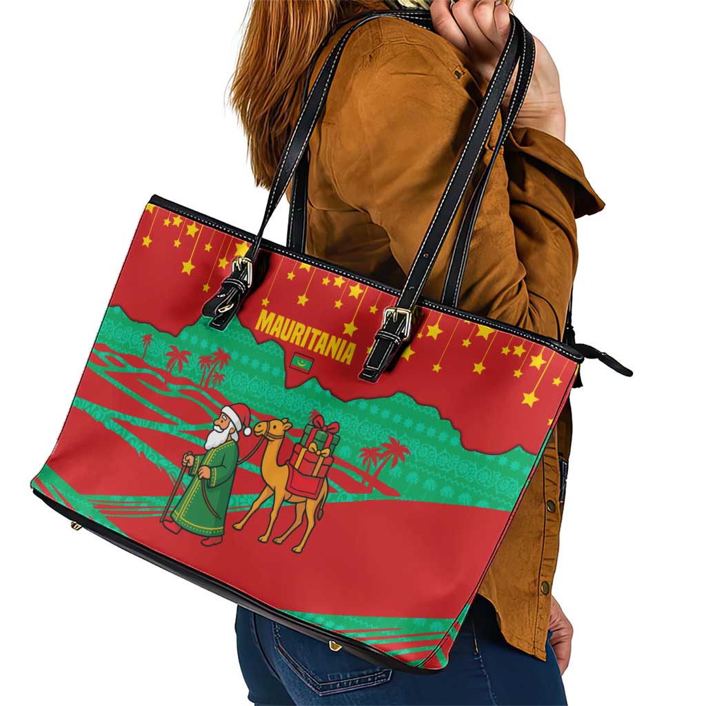 Mauritania Christmas Leather Tote Bag with Santa Claus Camel Gift Boxes Starry Sky and Desert Pattern Design - Wonder Print Shop