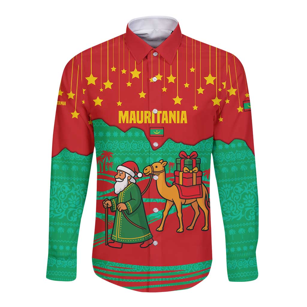 Mauritania Christmas Long Sleeve Button Shirt with Santa Claus Camel Gift Boxes Starry Sky and Desert Pattern Design - Wonder Print Shop