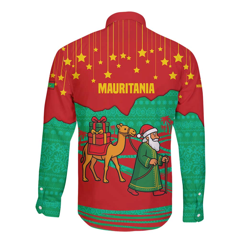 Mauritania Christmas Long Sleeve Button Shirt with Santa Claus Camel Gift Boxes Starry Sky and Desert Pattern Design - Wonder Print Shop