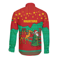 Mauritania Christmas Long Sleeve Button Shirt with Santa Claus Camel Gift Boxes Starry Sky and Desert Pattern Design - Wonder Print Shop