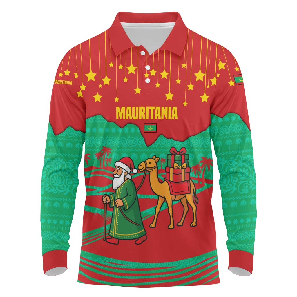 Mauritania Christmas Long Sleeve Polo Shirt with Santa Claus Camel Gift Boxes Starry Sky and Desert Pattern Design - Wonder Print Shop