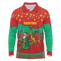 Mauritania Christmas Long Sleeve Polo Shirt with Santa Claus Camel Gift Boxes Starry Sky and Desert Pattern Design - Wonder Print Shop