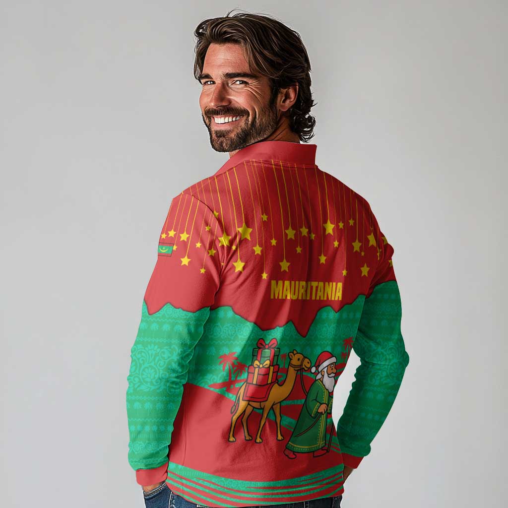 Mauritania Christmas Long Sleeve Polo Shirt with Santa Claus Camel Gift Boxes Starry Sky and Desert Pattern Design - Wonder Print Shop