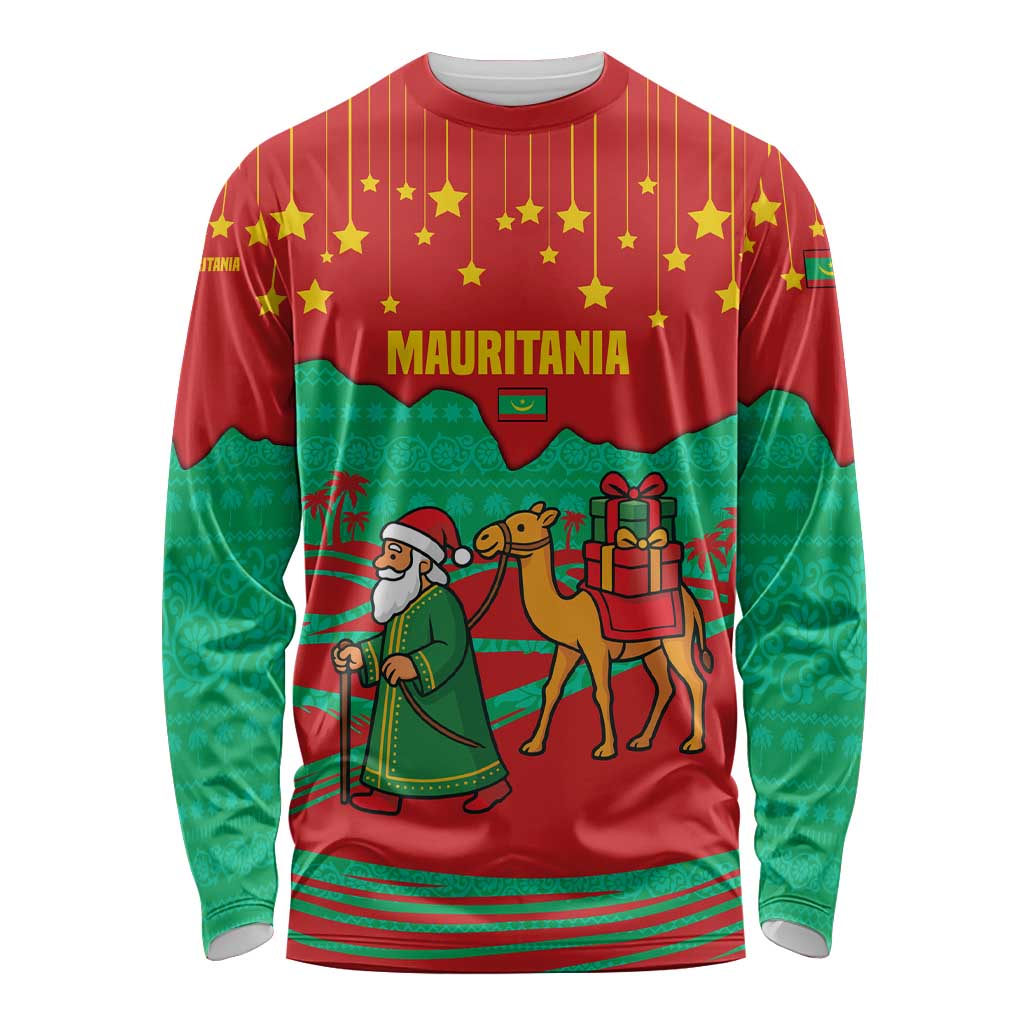 Mauritania Christmas Long Sleeve Shirt with Santa Claus Camel Gift Boxes Starry Sky and Desert Pattern Design - Wonder Print Shop