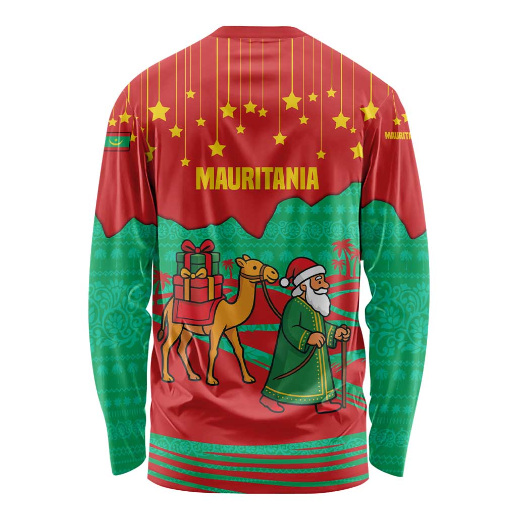 Mauritania Christmas Long Sleeve Shirt with Santa Claus Camel Gift Boxes Starry Sky and Desert Pattern Design - Wonder Print Shop
