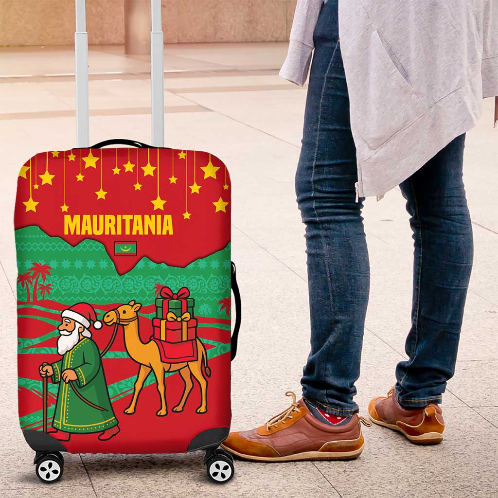 Mauritania Christmas Luggage Cover with Santa Claus Camel Gift Boxes Starry Sky and Desert Pattern Design - Wonder Print Shop