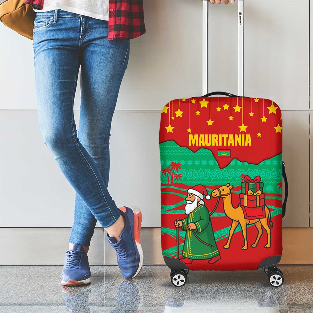 Mauritania Christmas Luggage Cover with Santa Claus Camel Gift Boxes Starry Sky and Desert Pattern Design - Wonder Print Shop
