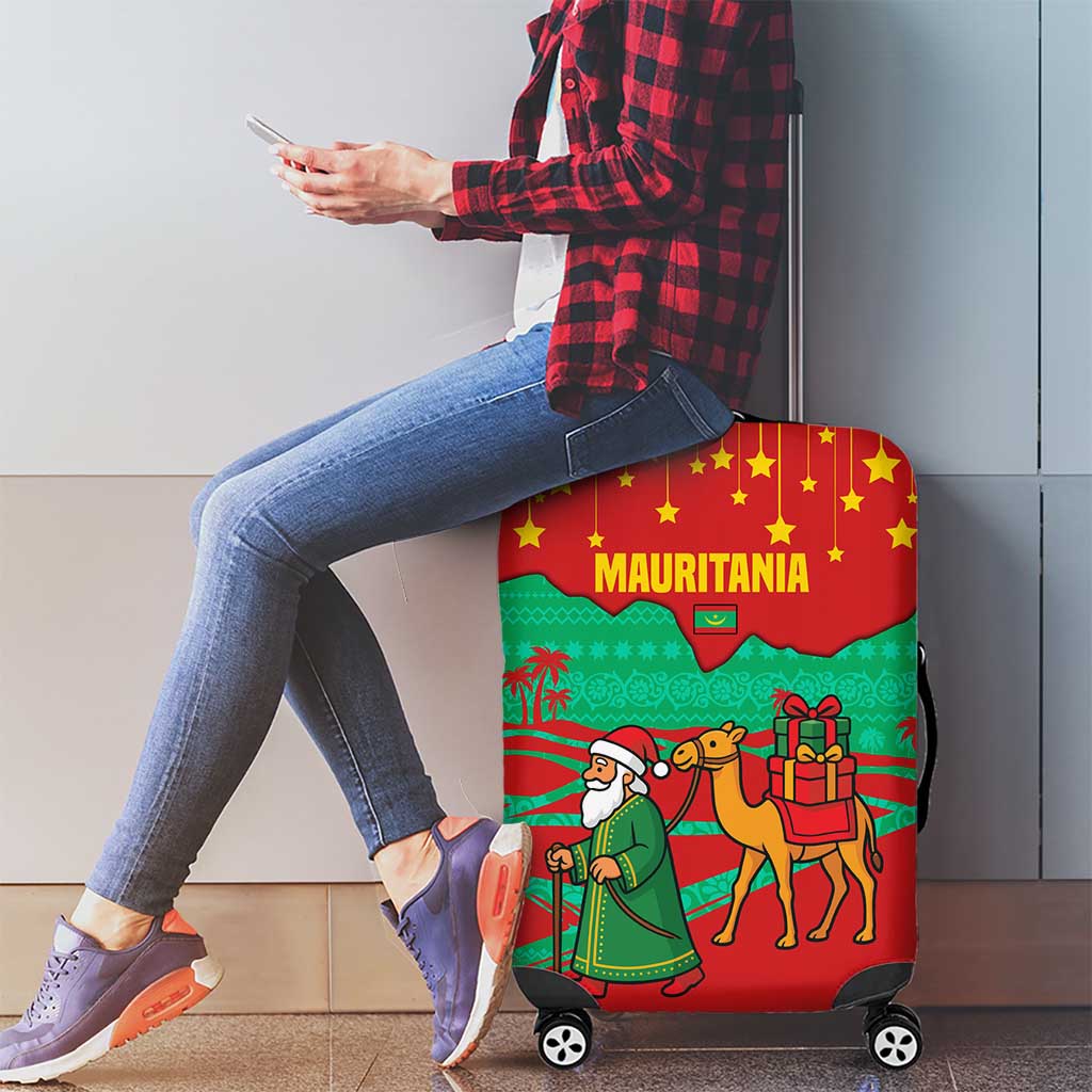 Mauritania Christmas Luggage Cover with Santa Claus Camel Gift Boxes Starry Sky and Desert Pattern Design - Wonder Print Shop