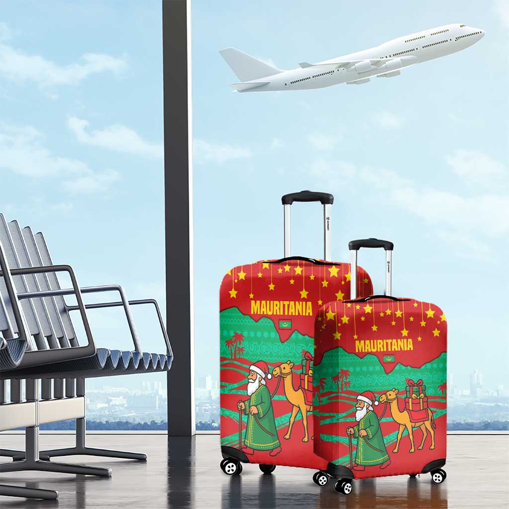Mauritania Christmas Luggage Cover with Santa Claus Camel Gift Boxes Starry Sky and Desert Pattern Design - Wonder Print Shop