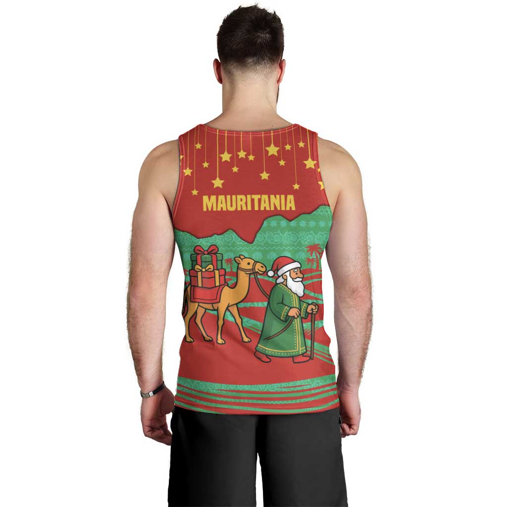 Mauritania Christmas Men Tank Top with Santa Claus Camel Gift Boxes Starry Sky and Desert Pattern Design - Wonder Print Shop