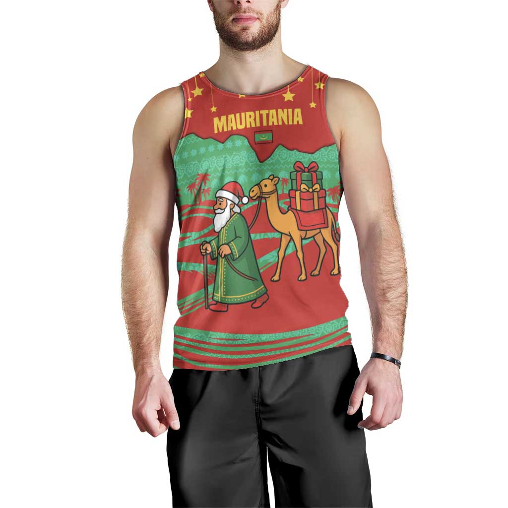 Mauritania Christmas Men Tank Top with Santa Claus Camel Gift Boxes Starry Sky and Desert Pattern Design - Wonder Print Shop