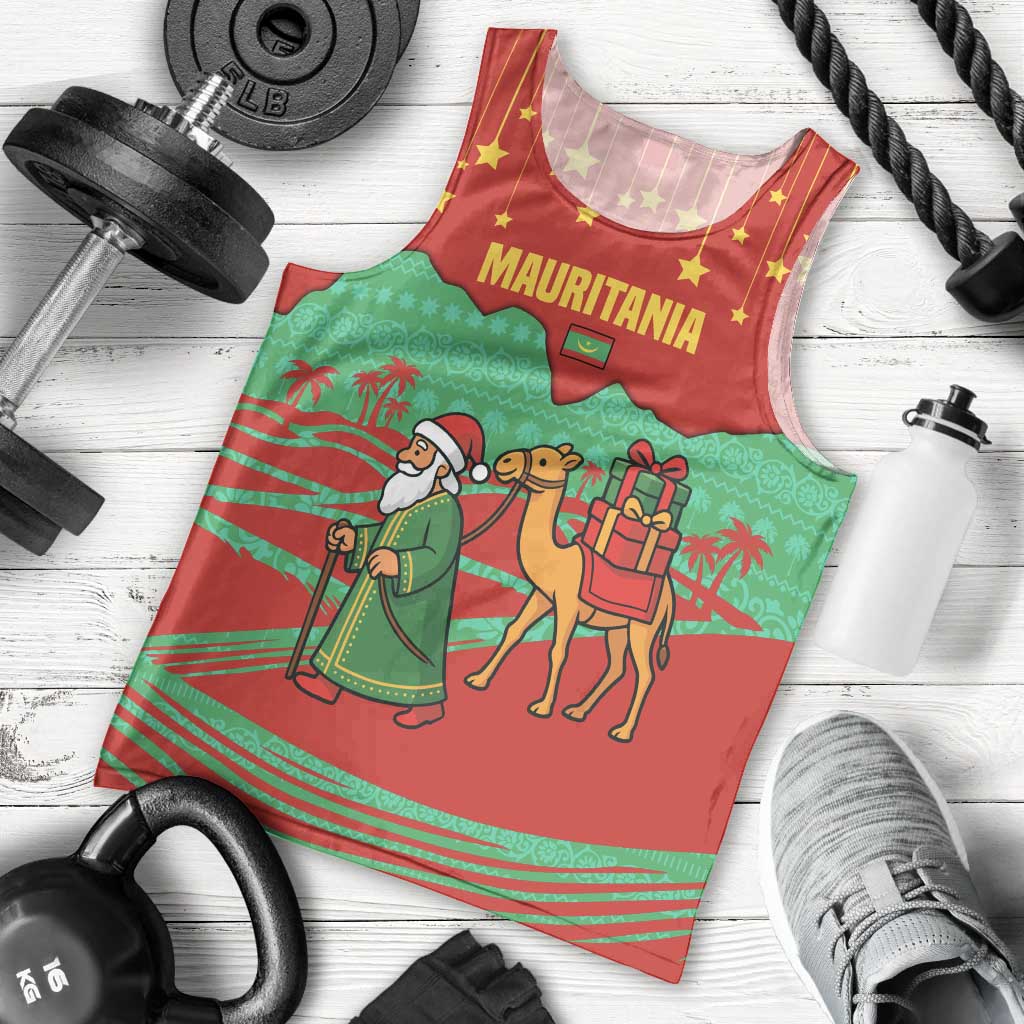 Mauritania Christmas Men Tank Top with Santa Claus Camel Gift Boxes Starry Sky and Desert Pattern Design - Wonder Print Shop