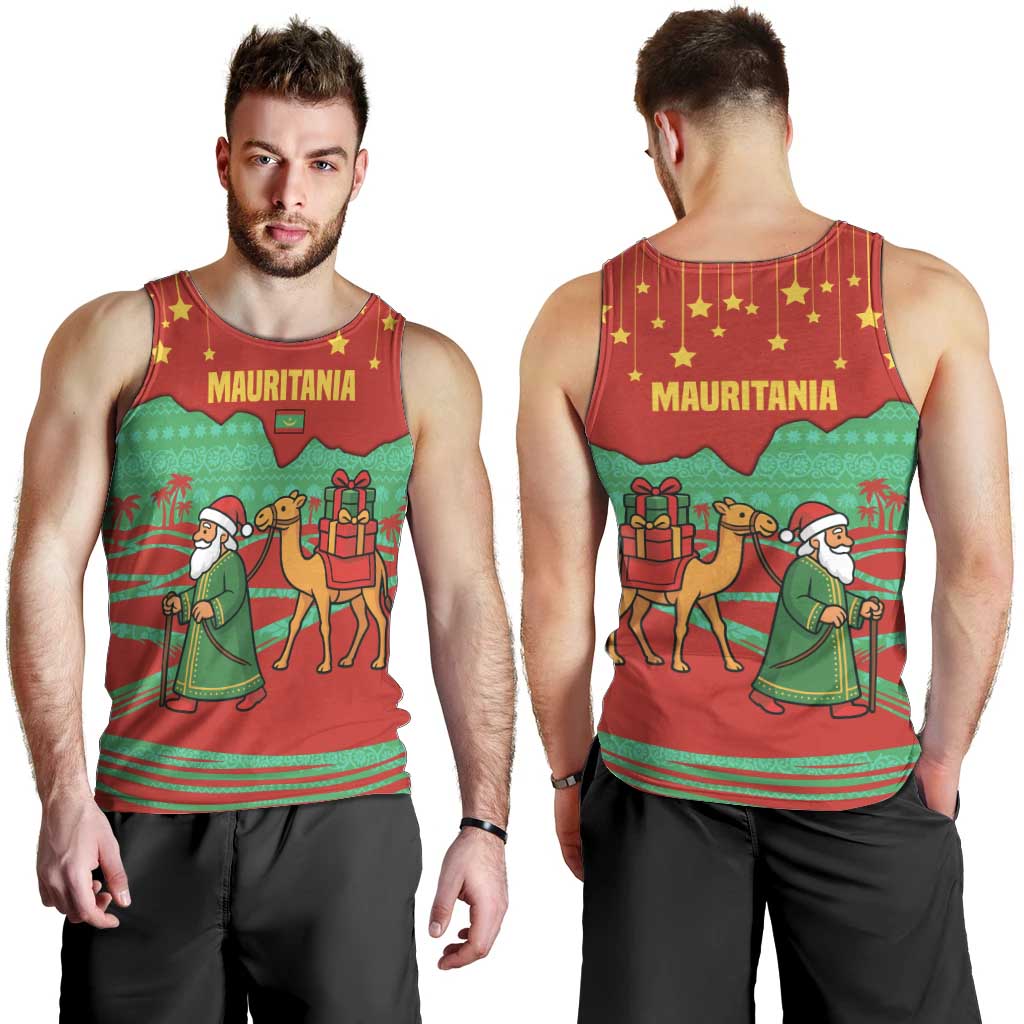 Mauritania Christmas Men Tank Top with Santa Claus Camel Gift Boxes Starry Sky and Desert Pattern Design - Wonder Print Shop