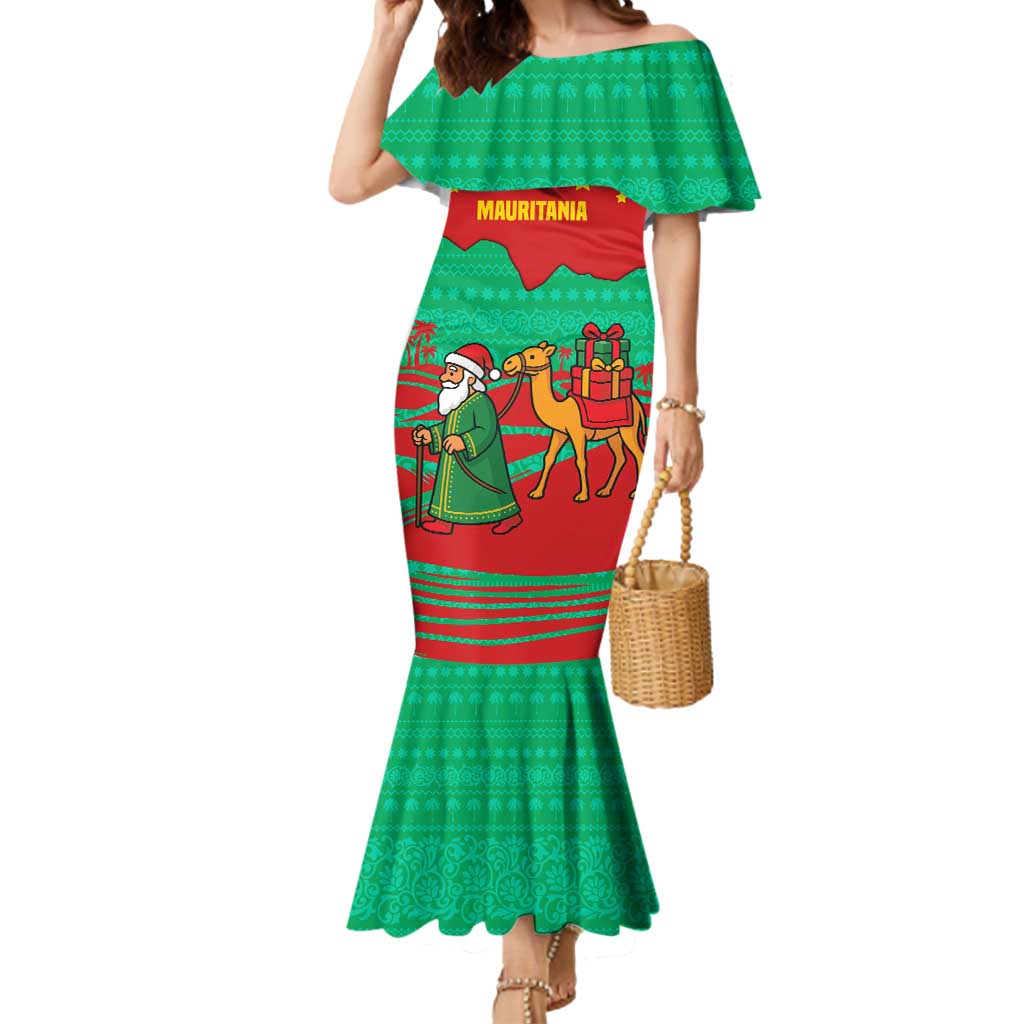 Mauritania Christmas Mermaid Dress with Santa Claus Camel Gift Boxes Starry Sky and Desert Pattern Design - Wonder Print Shop