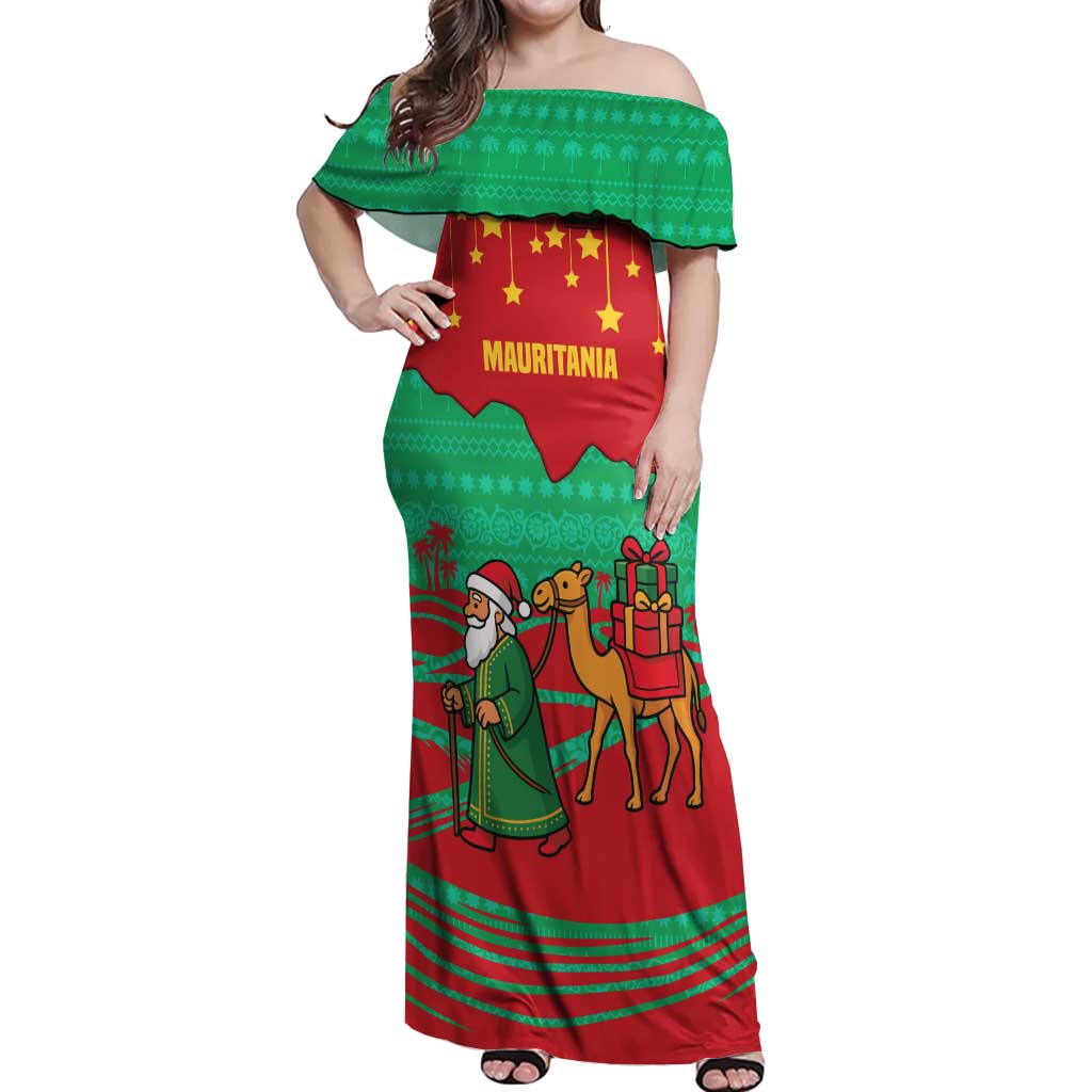 Mauritania Christmas Off Shoulder Maxi Dress with Santa Claus Camel Gift Boxes Starry Sky and Desert Pattern Design - Wonder Print Shop