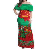 Mauritania Christmas Off Shoulder Maxi Dress with Santa Claus Camel Gift Boxes Starry Sky and Desert Pattern Design - Wonder Print Shop
