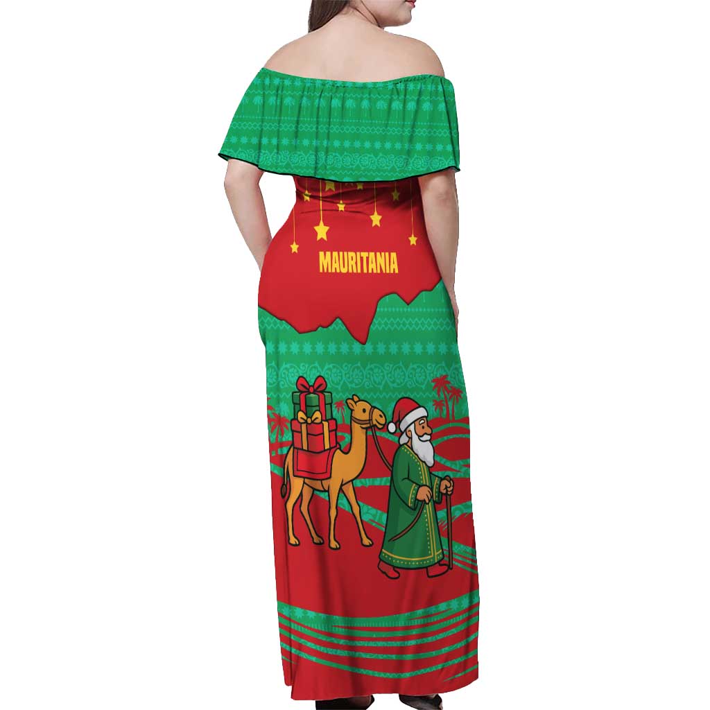 Mauritania Christmas Off Shoulder Maxi Dress with Santa Claus Camel Gift Boxes Starry Sky and Desert Pattern Design - Wonder Print Shop