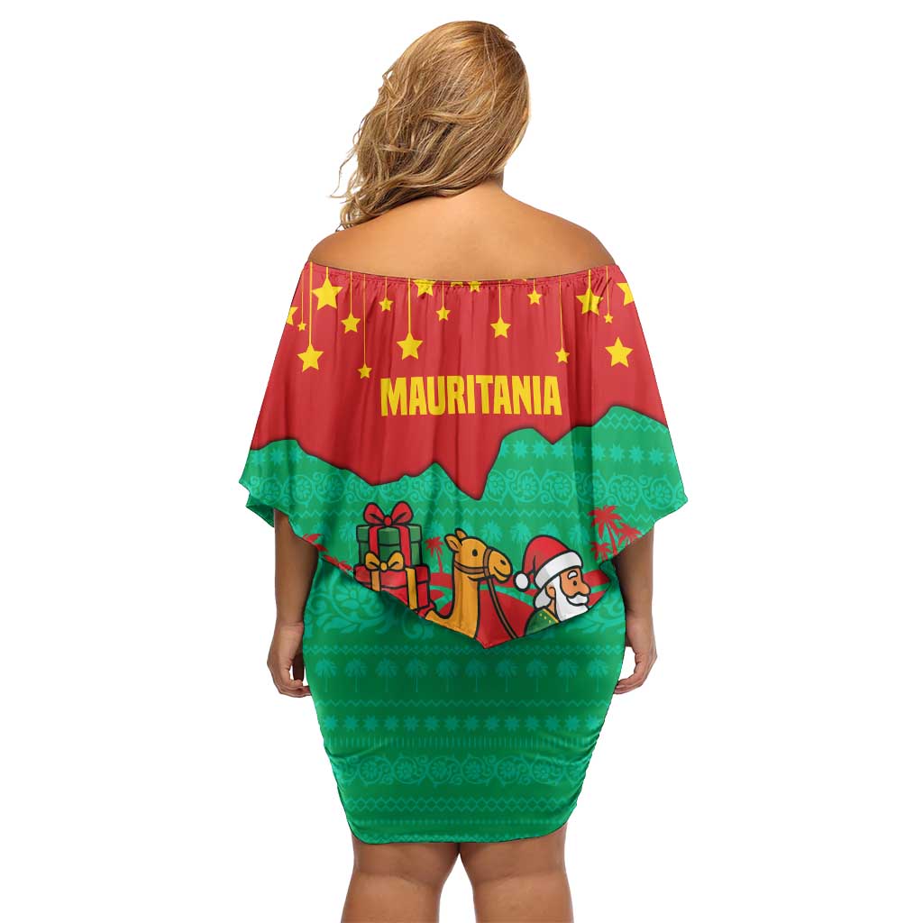 Mauritania Christmas Off Shoulder Short Dress with Santa Claus Camel Gift Boxes Starry Sky and Desert Pattern Design - Wonder Print Shop