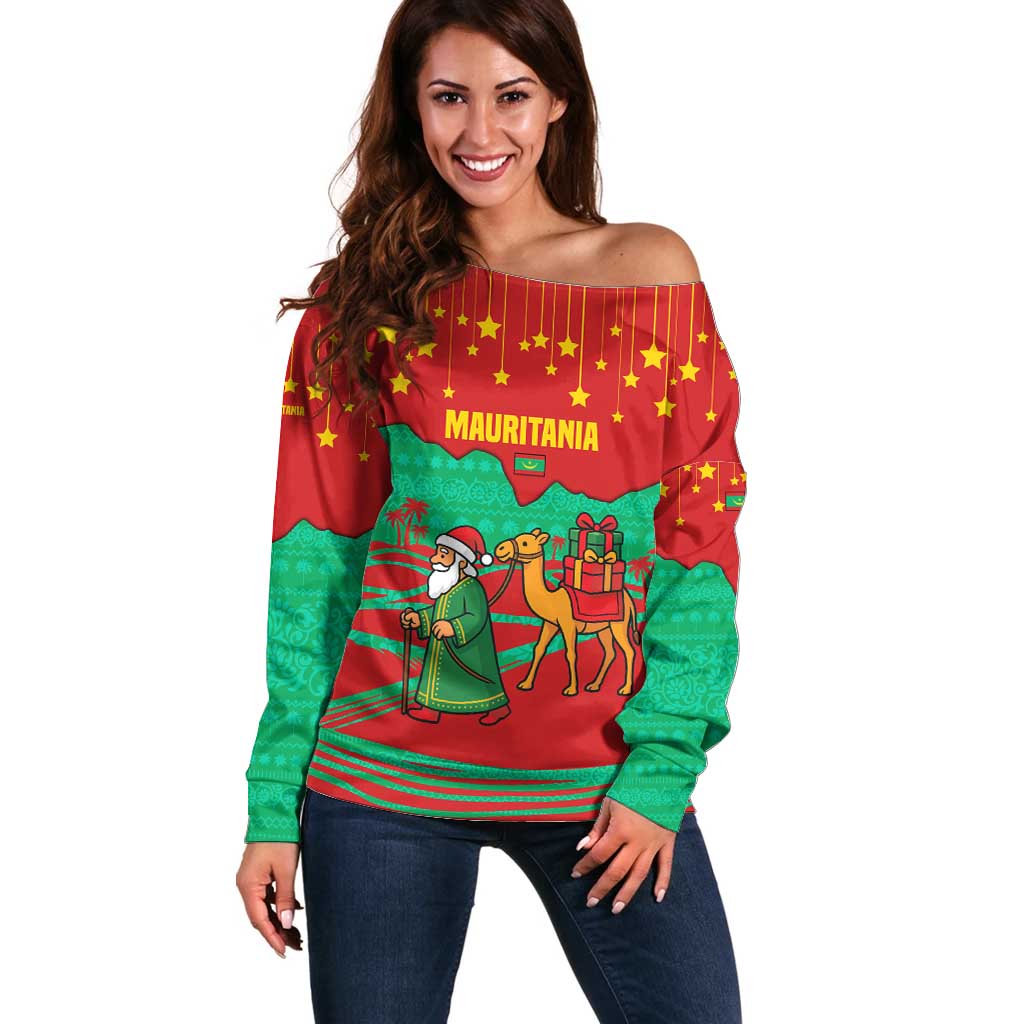 Mauritania Christmas Off Shoulder Sweater with Santa Claus Camel Gift Boxes Starry Sky and Desert Pattern Design - Wonder Print Shop
