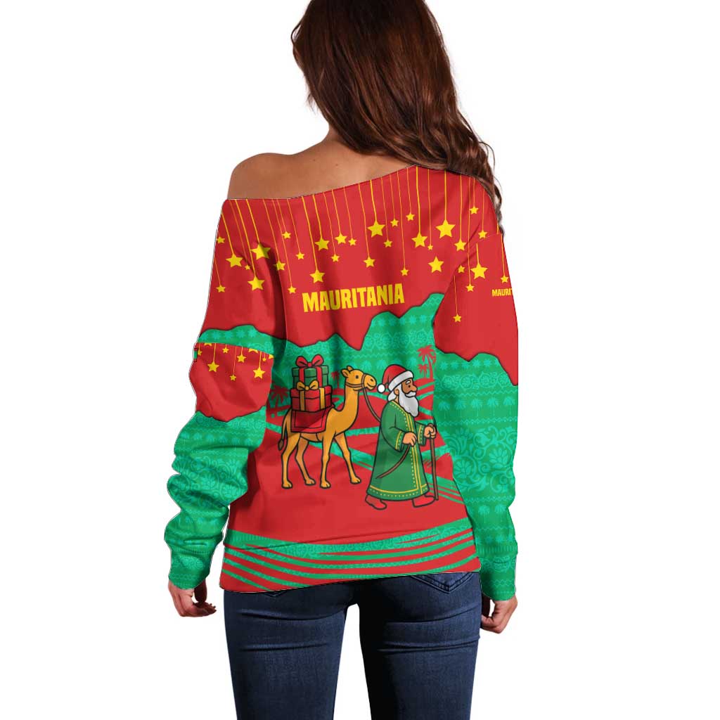 Mauritania Christmas Off Shoulder Sweater with Santa Claus Camel Gift Boxes Starry Sky and Desert Pattern Design - Wonder Print Shop