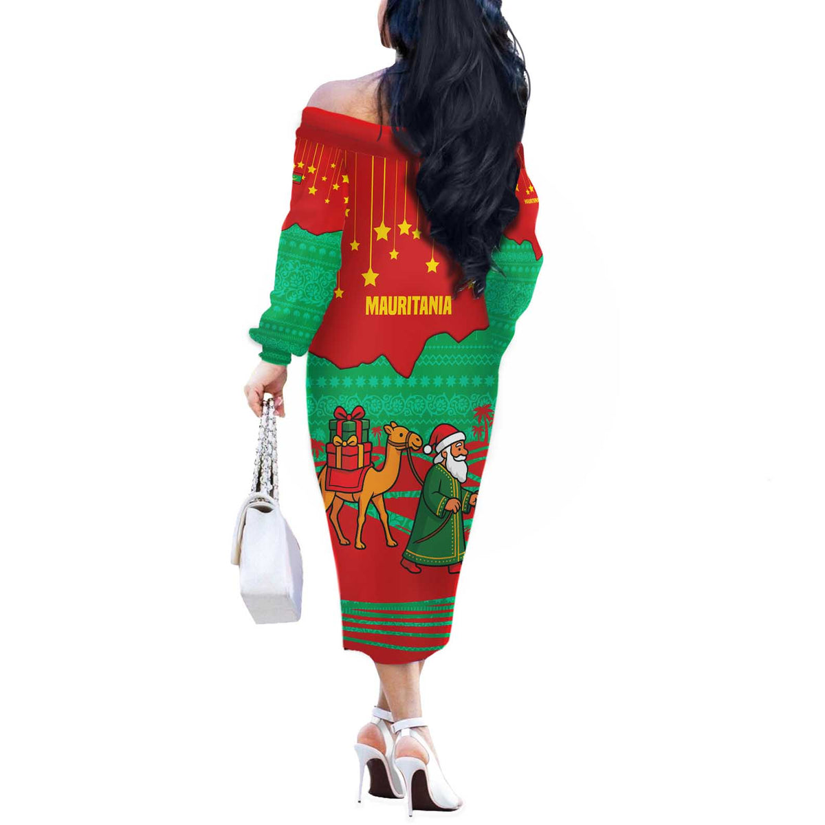 Mauritania Christmas Off The Shoulder Long Sleeve Dress with Santa Claus Camel Gift Boxes Starry Sky and Desert Pattern Design - Wonder Print Shop